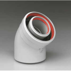 45° M-F konsentrinen mutka, Ø 80/125 mm, ulkopuolelta PVC, sisäpuolelta PP:tä.